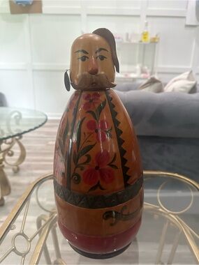Vintage 1977 Soviet hand painted wooden Cossack vodka bottle holder folk art